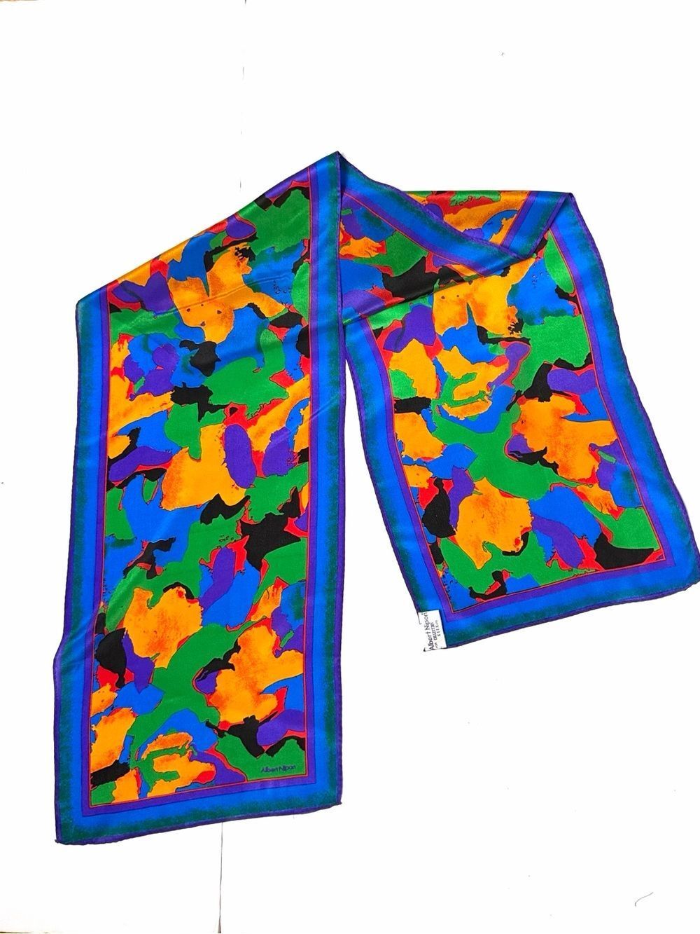 Albert Nipon Rectangle Silk Scarf Abstract Print Blue Orange Green Purple Japan